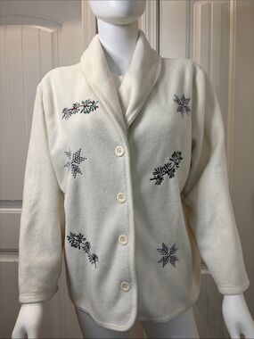 Chinawear Cream Embroidered Shawl-Collar Button-Up Cardigan Sweater Size Large